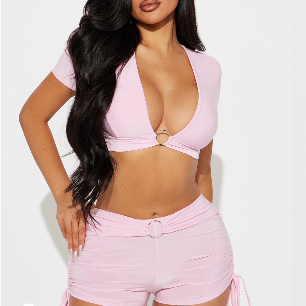 Pink Ring Detail Crop Top and Shorts Set